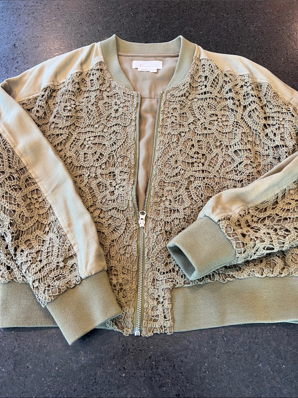Anthropology Openwork Crochet Bomber Jacket - Sage Green